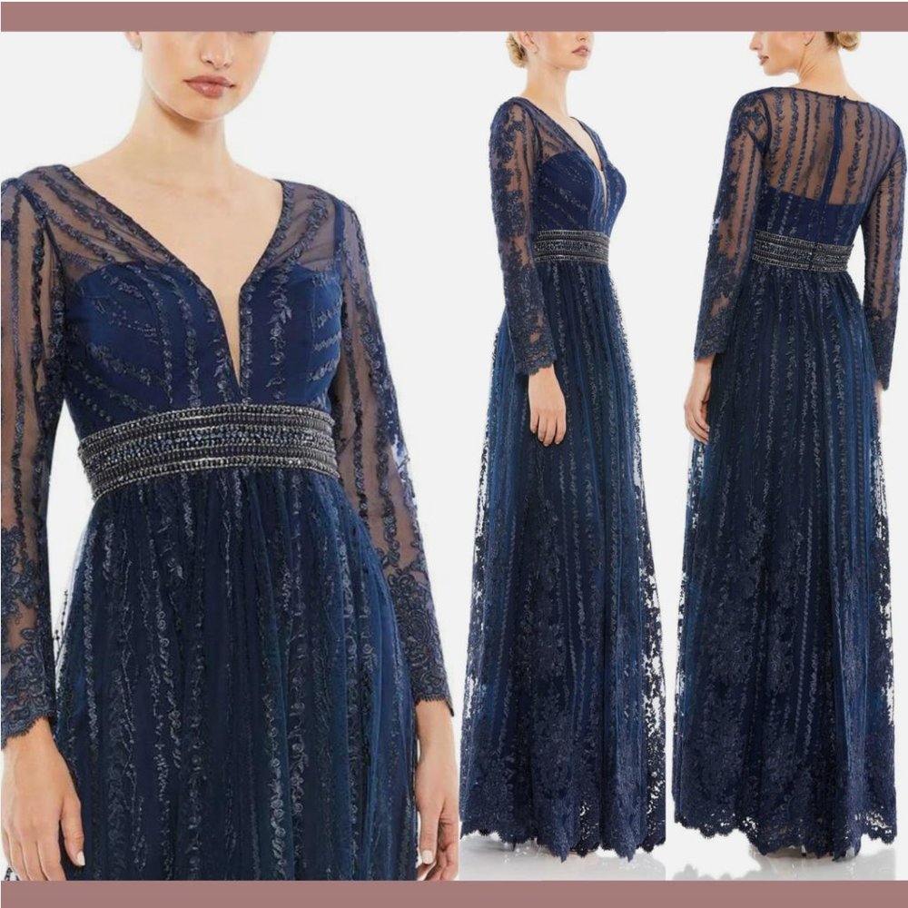 NEW $798 MAC DUGGAL [ 14 ] Long Sleeve Floral‎ Illusion Beaded Gown Navy Q495